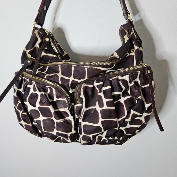 MZ Wallace Giraffe Nylon Leather Bag Satchel Elsa Tan Brown Red Pouch Pockets - Picture 2 of 8